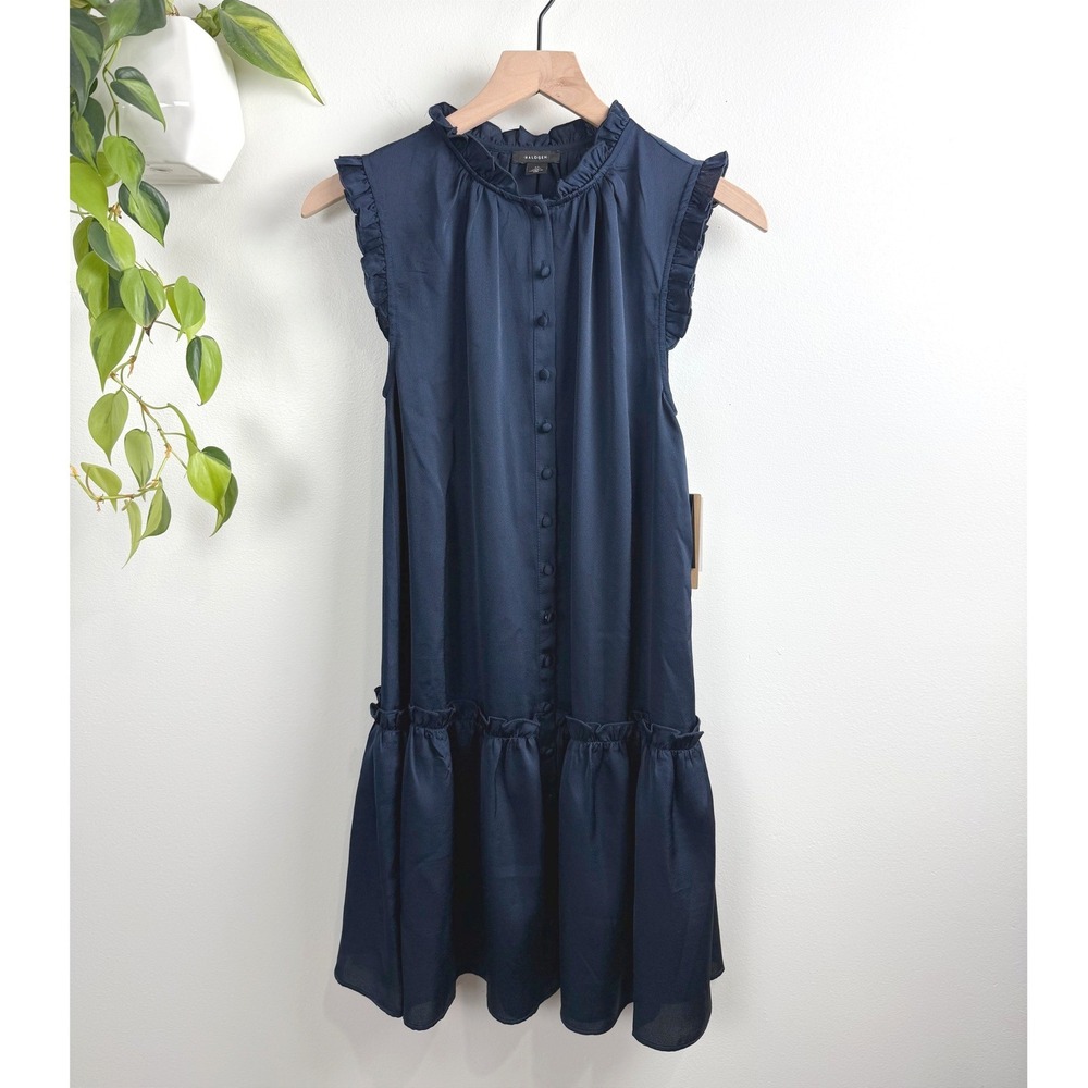 Halogen Nordstrom Navy Blue Ruffle Neck Sleeveless Tiered Shift Dress Size XS